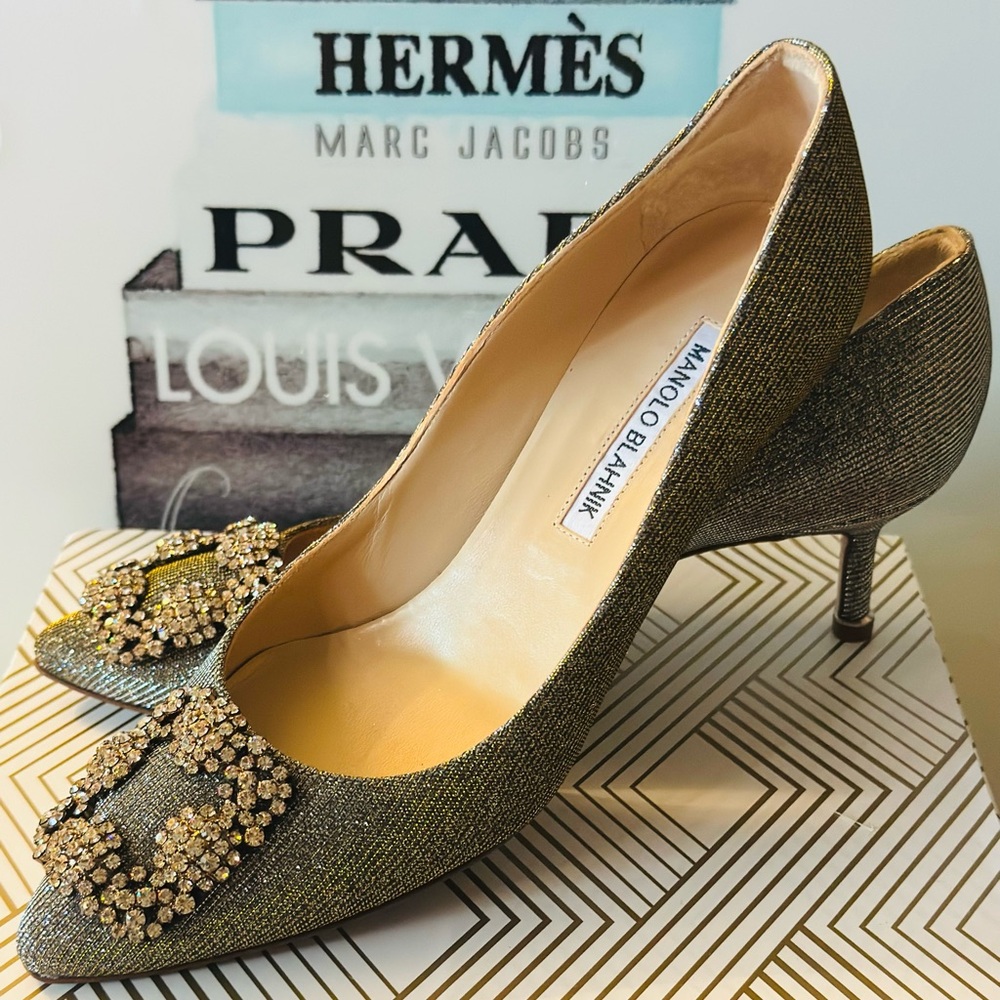 Manolo Blahnik 50 HANGISI  Metallic Crystal-Toe Pump, Gold/Silver~EU 36.5/US 6.5